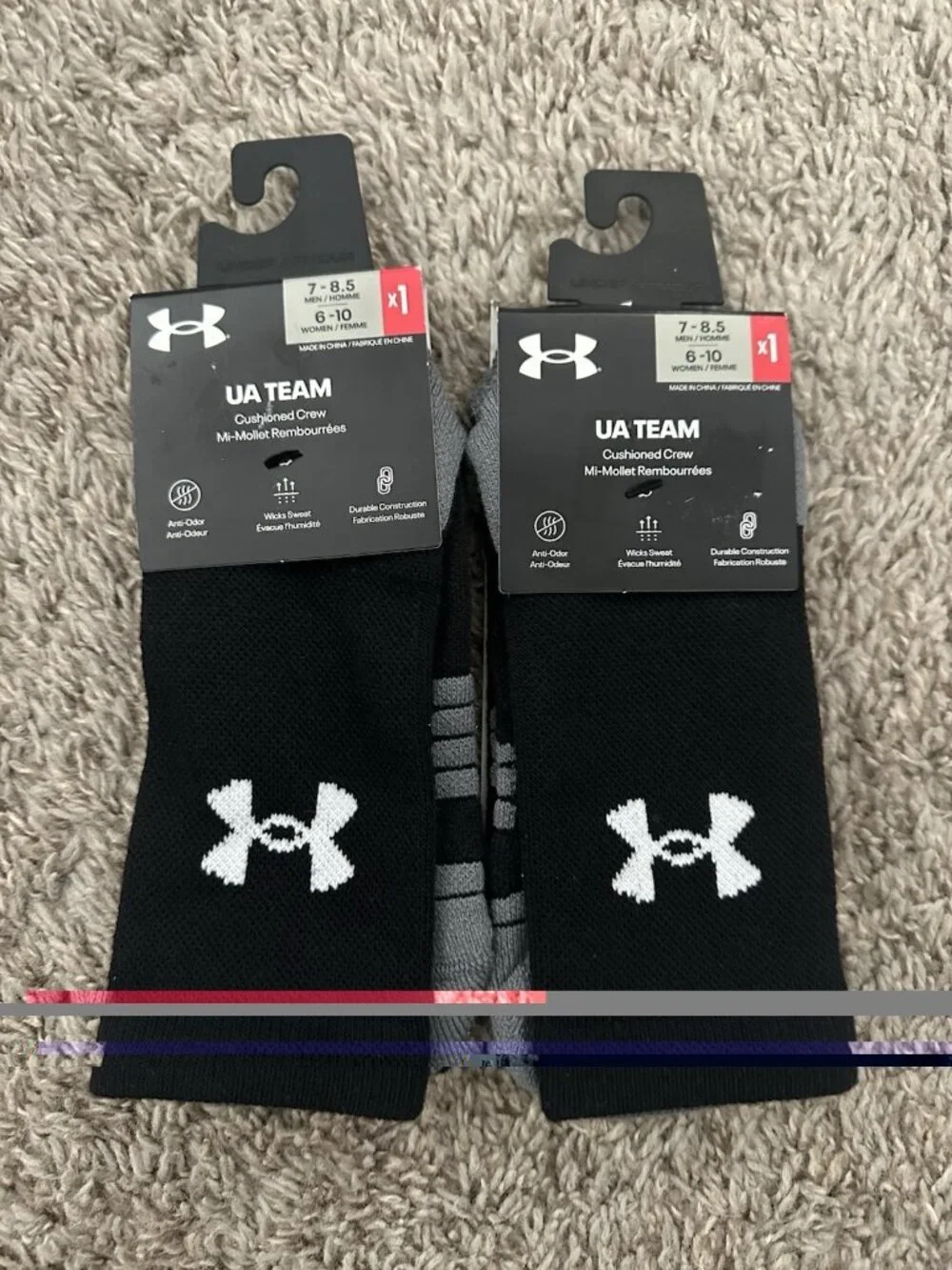 Under Armour Socks Black Crew Polyester Mid Cushion Unisex Men’s 7.5-8/Wms 6-10